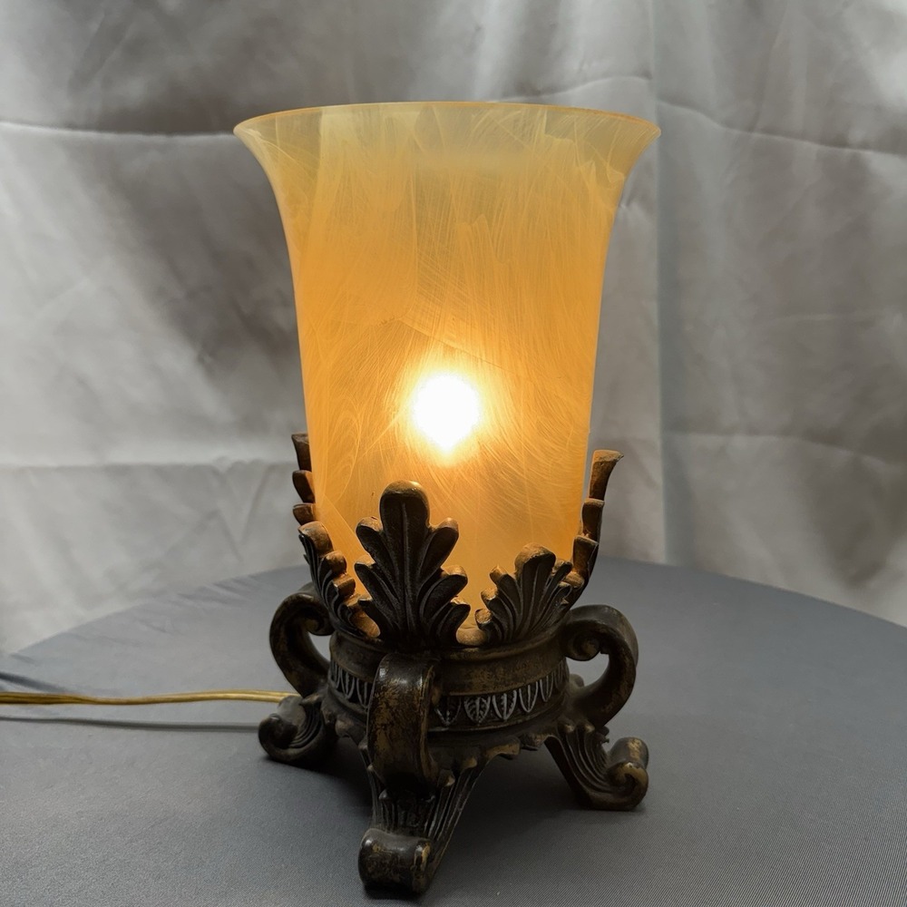 Vintage Brass Lamp Footed Scroll Base and‎ Amber Colored Marbled Shade Works